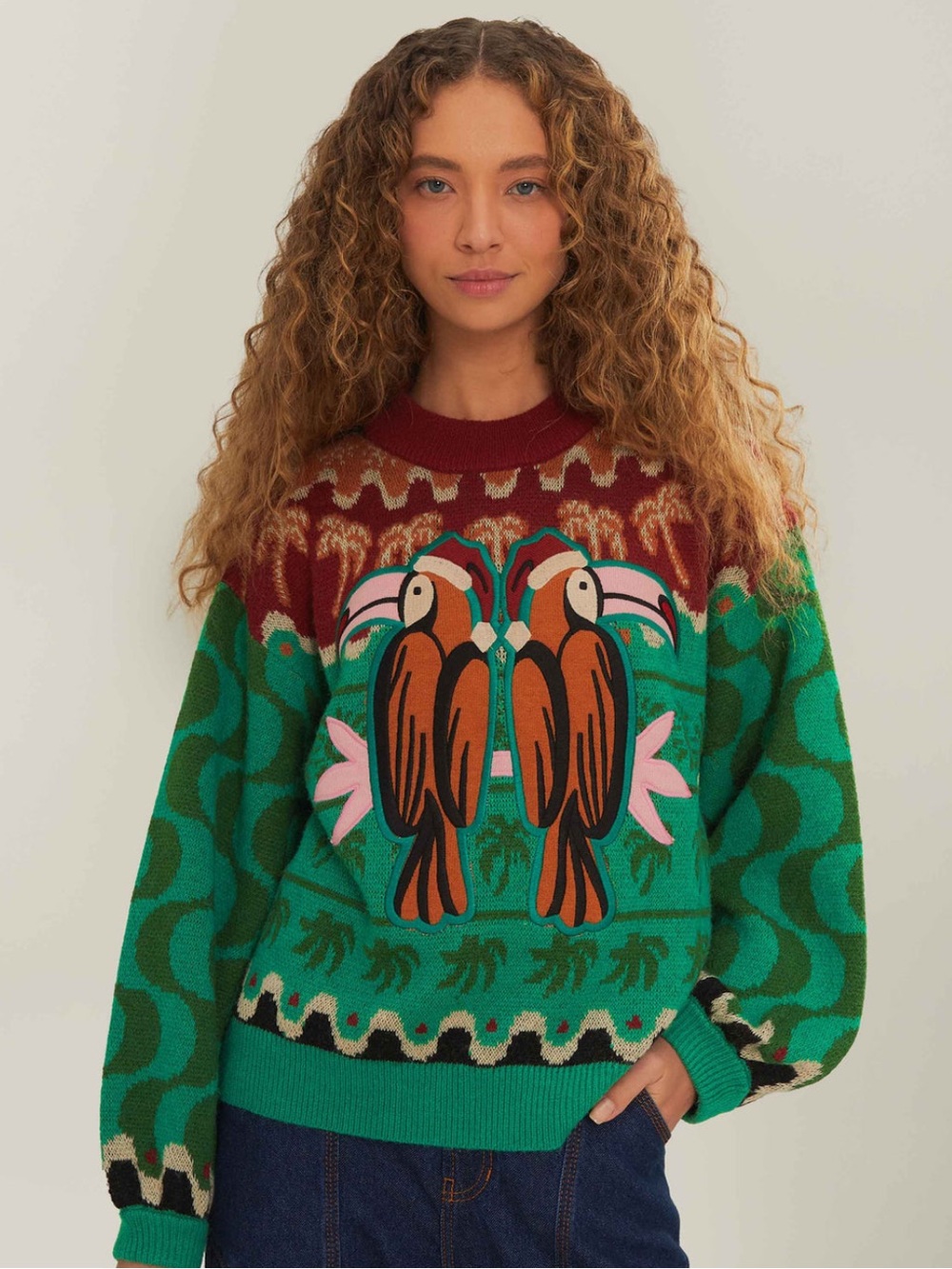 Green Christmas Toucans Knit Sweater